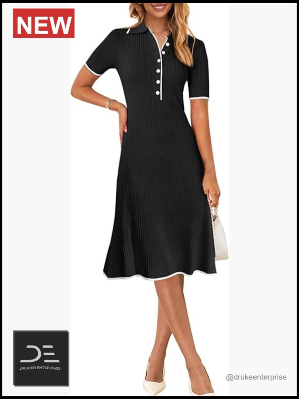 Ribbed Knit Midi Dress Short Sleeve V Neck Button Bodycon - Picture 1 of 7